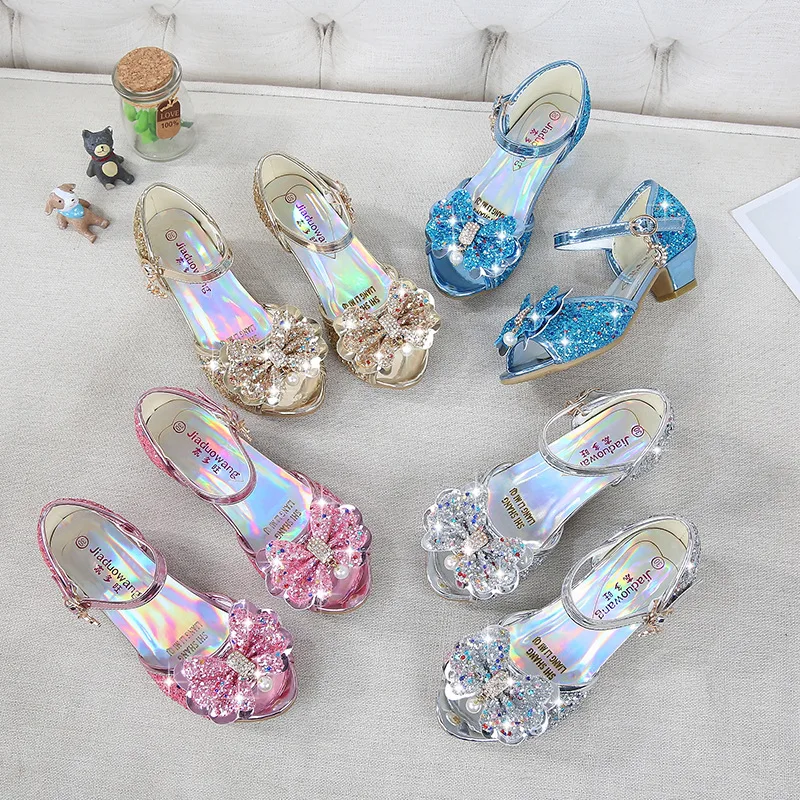 5 Colors Children Princess Sandals Kids Girls Wedding Shoes High Heels Dress Shoes Bowtie Gold Pink Blue Silver Shoes For Girls