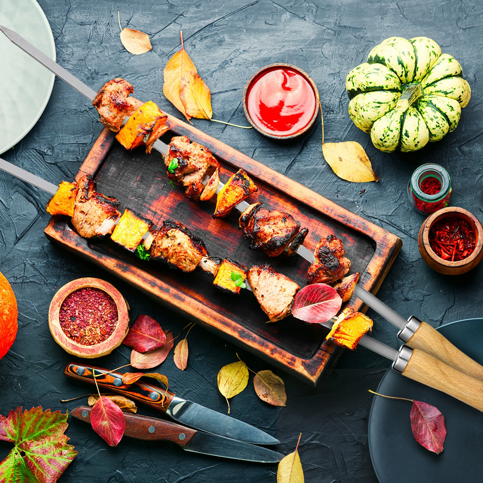 

8Pcs Bbq Barbecue Skewer Set Heavy Duty Stainless Steel Meat Fork with Wood Handle for Outdoor Grilling Roasting and Camping Use