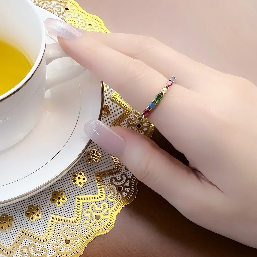 Gold Color Colorful Stones Ring Europe Style Glam Fine Jewerly For Women Gift In 925 Sterling Silver