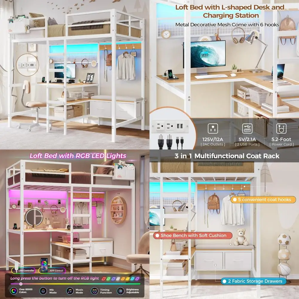 سرير علوي معدني مزدوج الحجم مع مكتب على شكل حرف L وأرفف تخزين ومحطة شحن وأضواء LED ورف معطف لغرفة الأطفال
