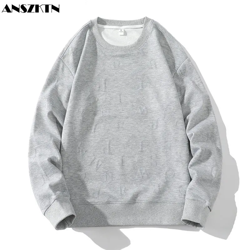 ANSZKTN The autumn boom men's textured simple round neck base shirt trend long sleeve hoodie