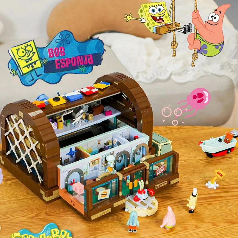 Area-X Spongebob Krusty Krab Bausteine Blindbox Rab Burger Restaurant Modell Interaktives Ziegelspielzeug Kind Fans Geburtstagsgeschenk