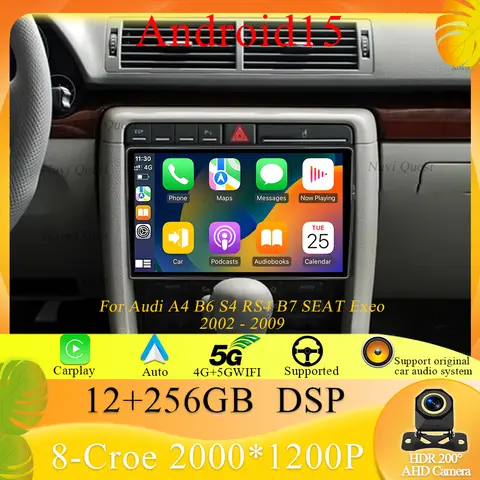 아우디 A4 2 3 B6 B7 S4 RS4 2000-2009용 카플레이 안드로이드 오토 2K 스크린 카 라디오 멀티미디어 플레이어, 자동차 라디오 스테레오 안드로이드 15