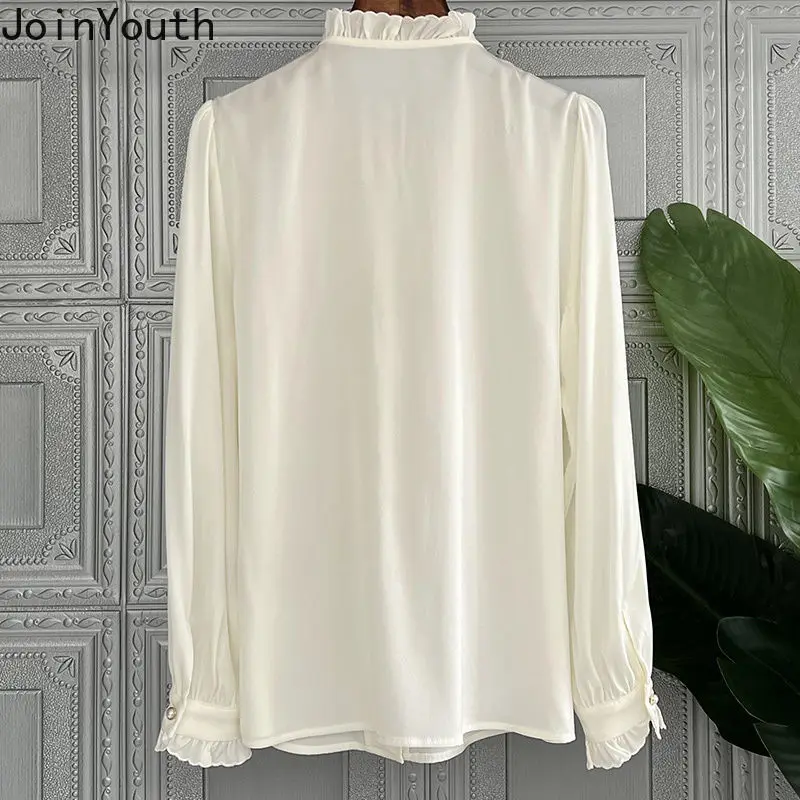 Elegant Women Tops Stand Neck Long Sleeve Ruffles Blouses Fashion White Shirts Hollow Out Vintage Shirts Femme Blusas Clothes