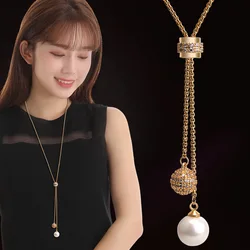 Simple Ball Pendant Long Necklace For Women All Matches Simulated Pearl Sweater Chain