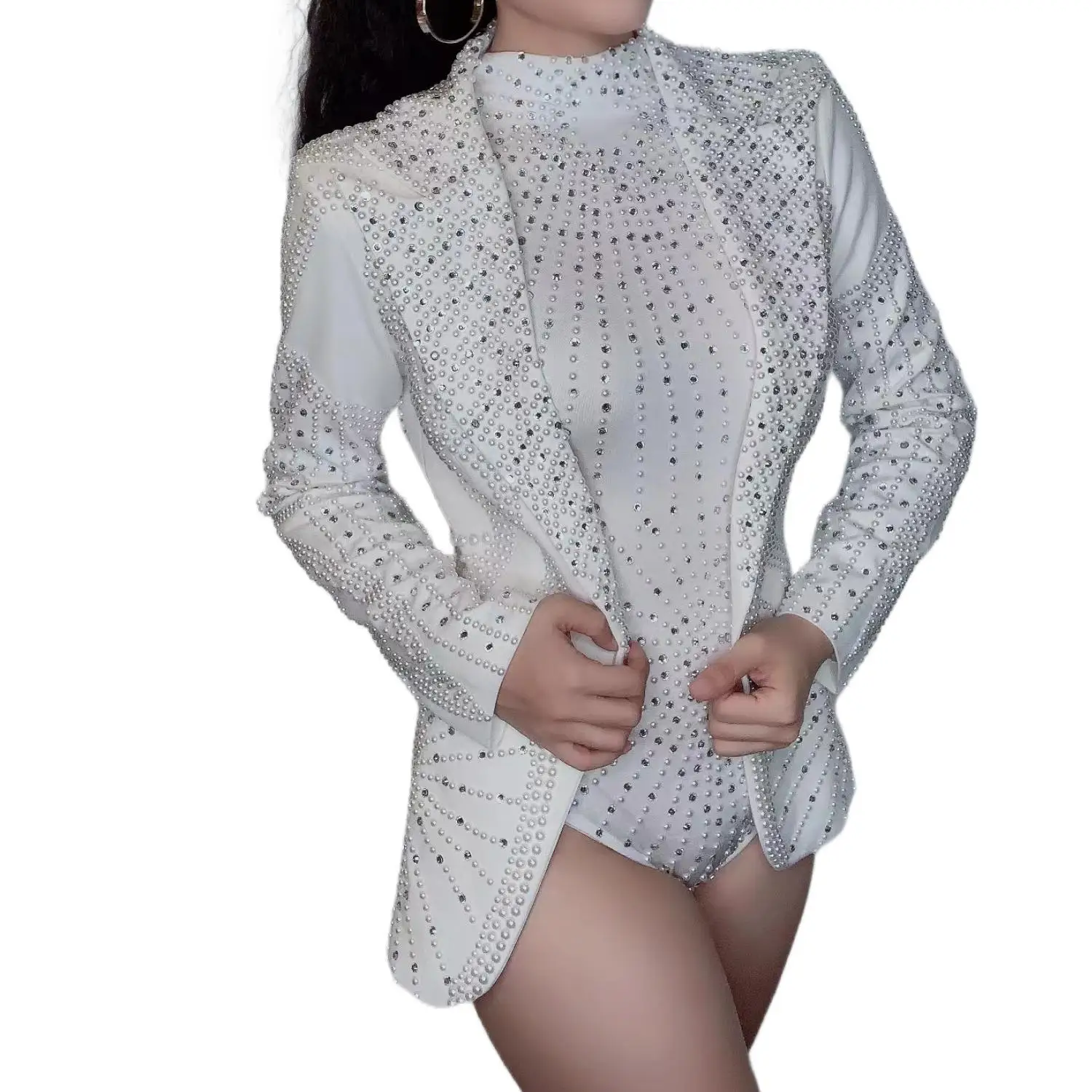 Frauen Sparkly Weiß Strass Bodys Blazer Set Geburtstag Karneval Rave Festival Outfit Hochzeit Party Sänger Kostüm Daxibai