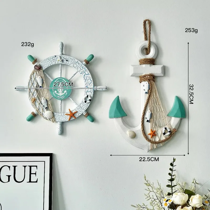 2 unids/set estilo mediterráneo colgante  timón de madera decoración del hogar adorno colgante  pared playa Vintage barco ru