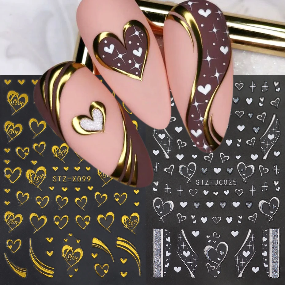 2pcs Gold Silver Heart Nail Art Stickers Decal Chrome Heart Nail Foils Sliders Valentines Sticker Nails Decorations Accessories