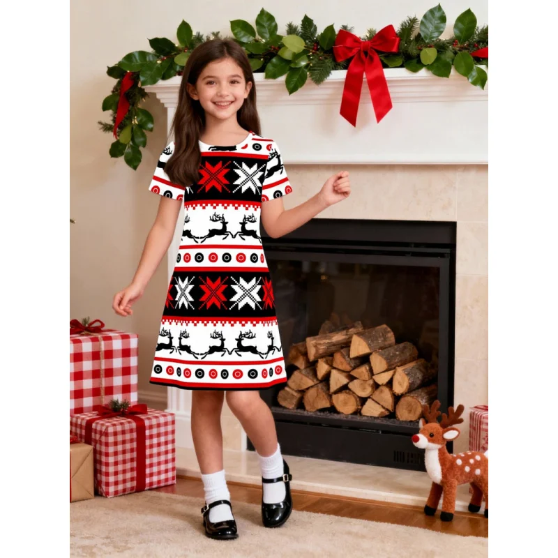 

Girls Christmas Reindeer Snowflake Print Short Sleeve Dress Cute A-Line Skirt Children's Festival Clothing 2026