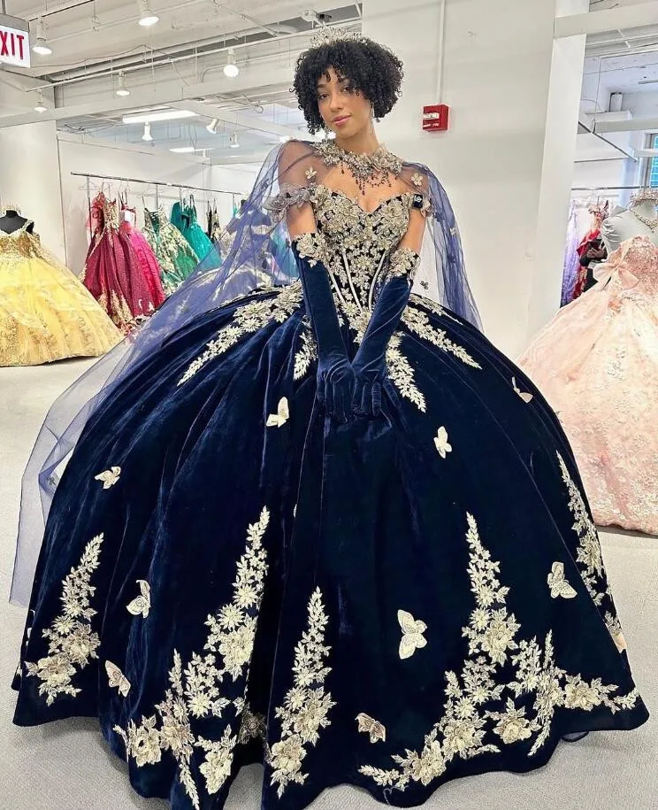 Vestido de baile azul marinho com capa, vestido quinceanera com renda, apliques de veludo, miçangas, vestido doce de 16 anos, 15 anos, 2024