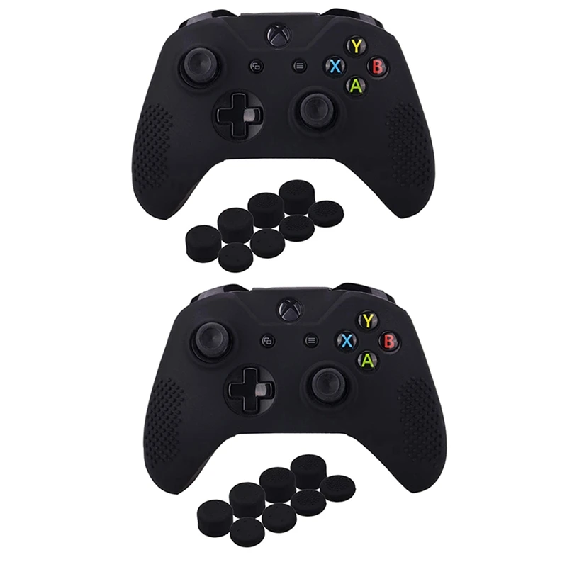 Studded Silicone Cover For Microsoft  One X &  One S Controller X 2 With Pro Thumb Grips 16 Pieces(Black)