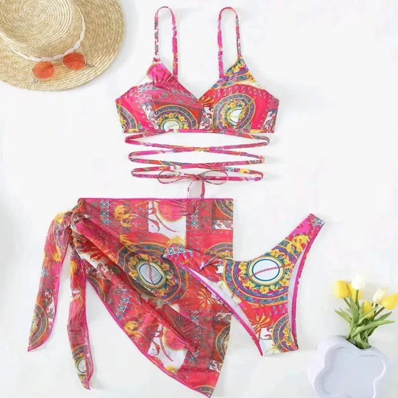 3 Pieces Bathing Suit Sexy Bikini 2023 Women`s Cover Up Bikinis Set  Female Ladies 3 Pack Allover Print Halter Swimsuit