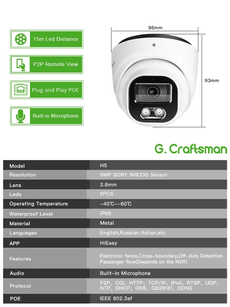C-R,HD,5MP IMX335,Security POE IP Camera,Dome,MIC,IR,Electronic Fence,Cross-boundary,CCTV,Video,Surveillance,Security,HiEasy,H5