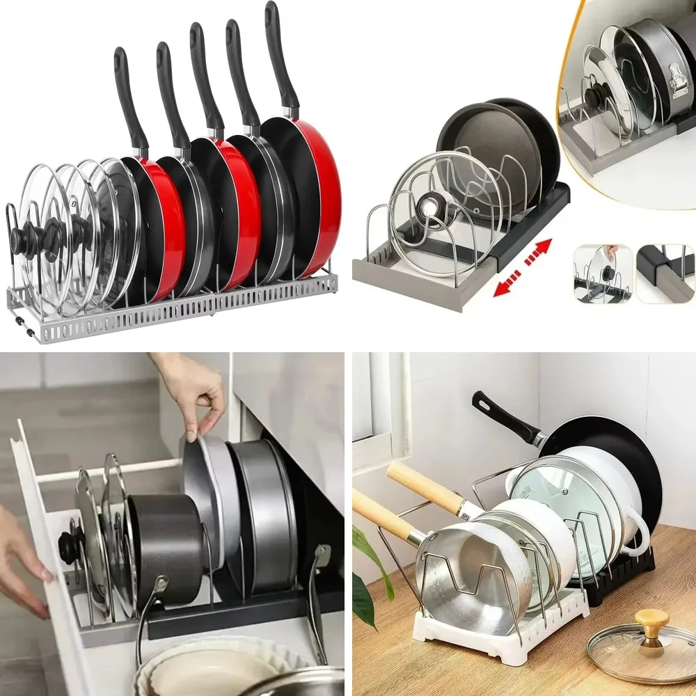 Expandable Kitchen Cabinet Organizer: 6-Tier Adjustable Pot & Pan Storage Rack with Lid Holder