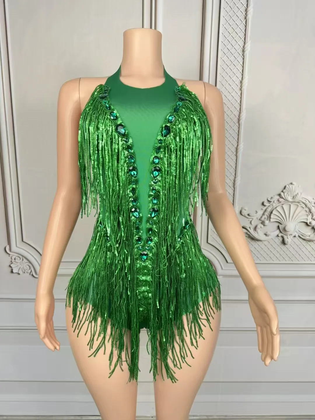 

Advanced sexy rhinestone tassel sparkling tightfitting outfit,jazz DJ performance outfit, performancecostume D263