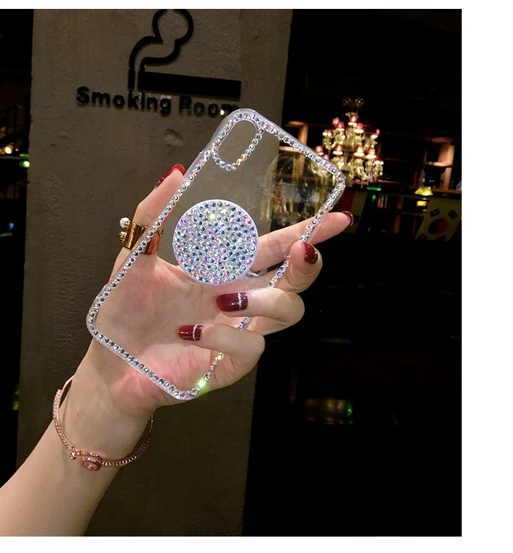 Luxury Bling Rhinestone Crystal Airbag Bracket Clear Soft Case Cover For SamsungS24 S25 S21 FE S22 Ultra S23PLUS Note 10 20 Capa
