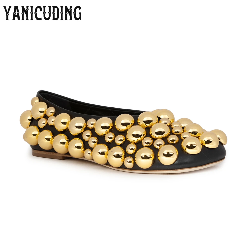 Metallic Stud-Embellished Ballerinas Silver Gold Embellished Black Leather Flats Square-Toe Bubble Beads Women's Elegant Loafers view 5