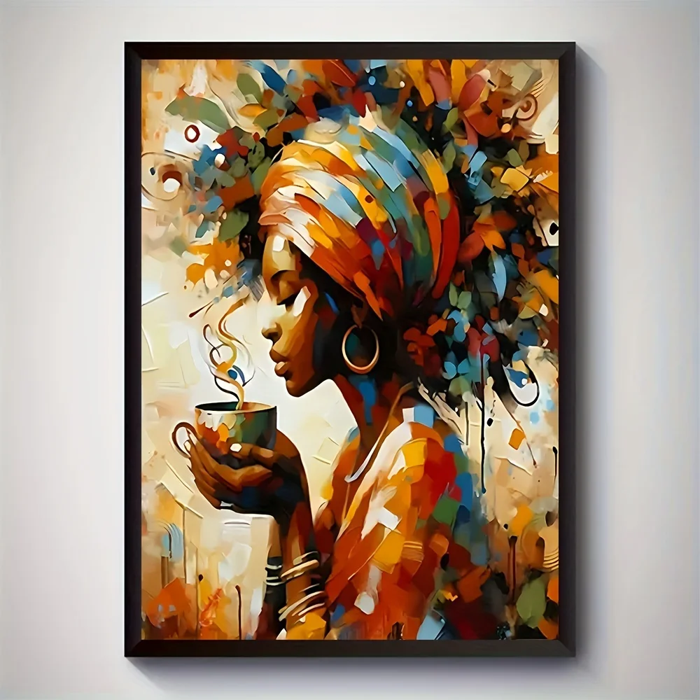 Ölgemälde nach Zahlen, afrikanisches schwarzes Mädchen mit Kaffee nach Zahlen, Kunst, Acrylfarbe für Heimdekoration, Kunst