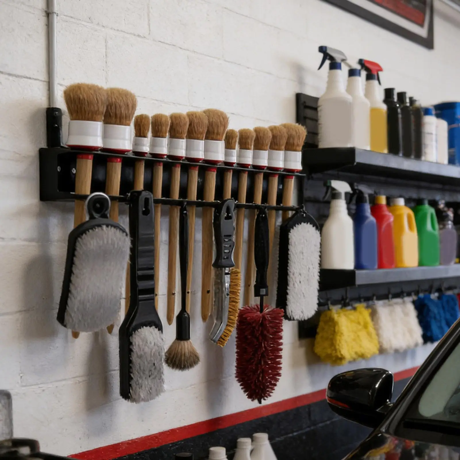 Detailing-Bürstenhalter aus Stahl, Wandmontierter Bürstenorganizer für Autoreinigung, Aufbewahrungsregal für Auto-Detailing-Werkzeuge