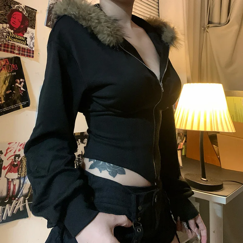 Autumn Winter Faux Fur Collar Solid Hooded Coats Women Casual Slim Waist Zip Hoodies Gothic Jackets Fashion Y2k Streetwear