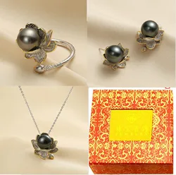 hot Huge AAAAA++++ 9-10mm natural Tahitian black green round Pearl Earrings ring pendant set 925