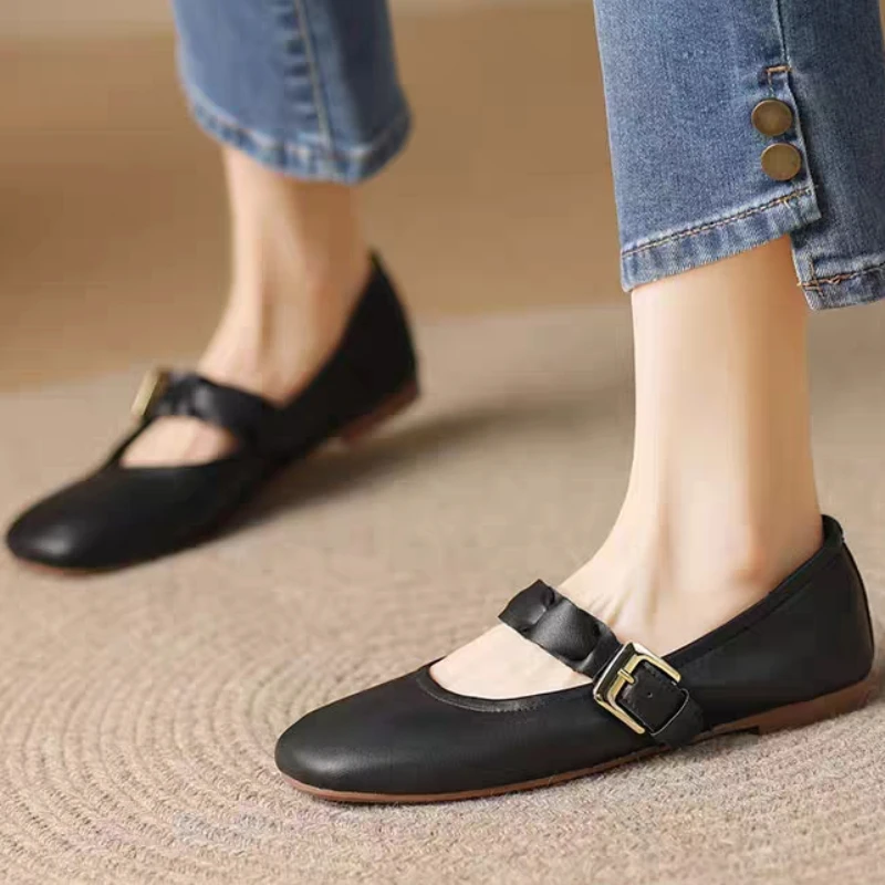 2023 Hot Sale Shoes for Women Spring and Autumn Women' Flats Square Toe Shallow Mouth One Word Buckle Sewing Zapatillas De Mujer