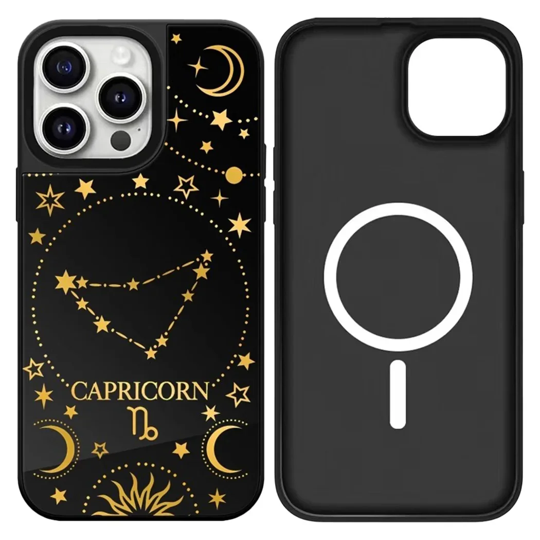 Etui ochronne na iPhone'a 12 13 14 15 16 17 Pro Max z motywem czarnej lustrzanej powierzchni i znakiem zodiaku, pasuje do iPhone'a 17 Pro Max