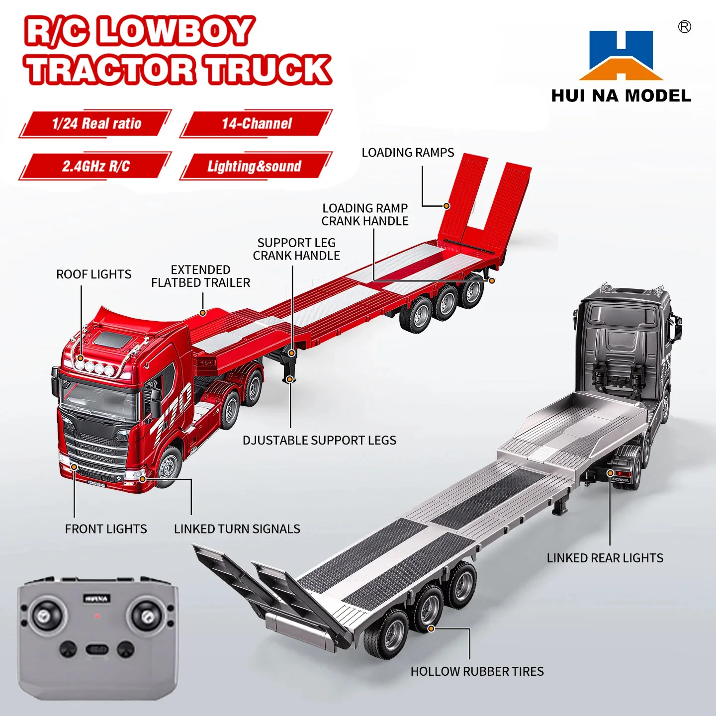 HUINA 1/24 14CH RC Truck Trailer Set Simulation Engineering Vehicle with LED Light Sound Remote Control Trailer Trucks Cars Toys