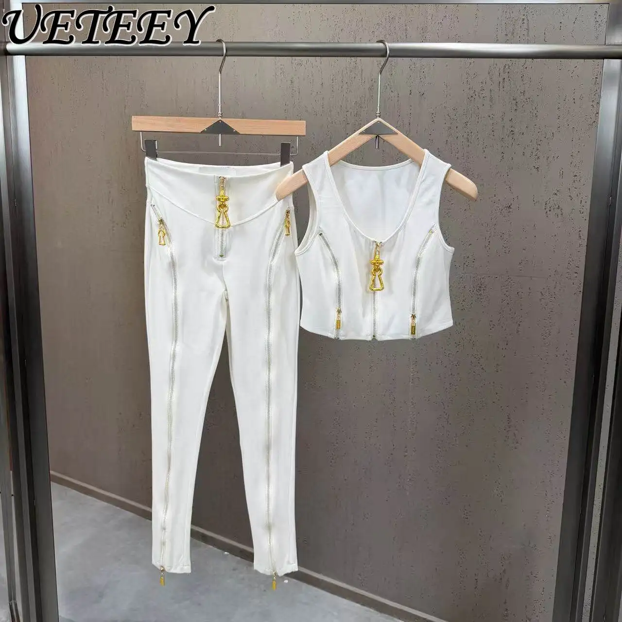 

Summer New Sleeveless Multi-zipper Short Tank Top Leggings Fashion Slim-fit Fitness Tank Top Pants Two-piece Sets Women Outfits