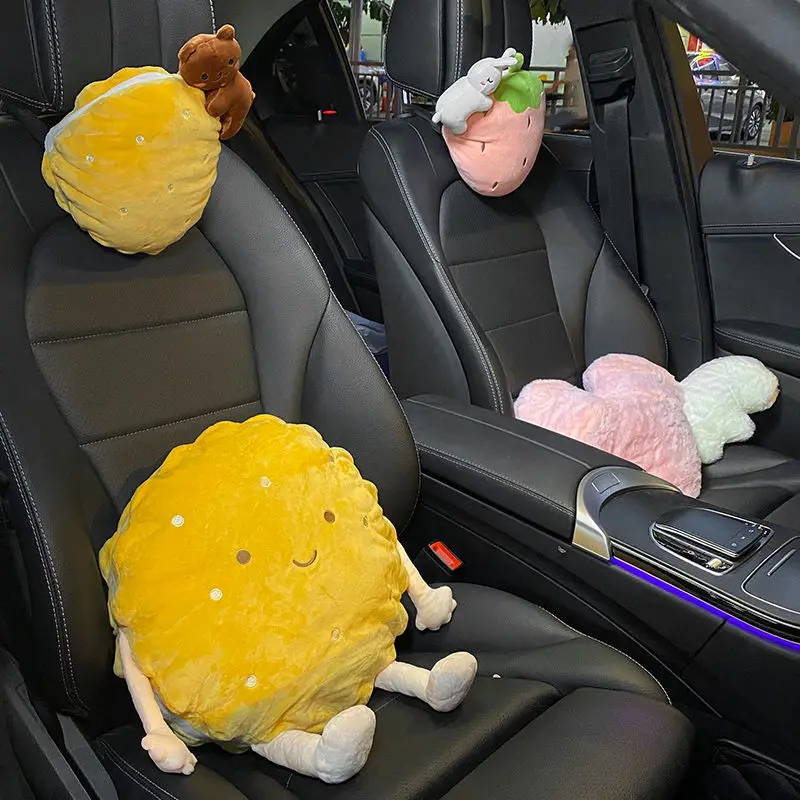 Plush cute Car Pillows Strawberry Rabbit Bear Seat Neck Support Car Headrest Pillow Auto Neck Rest  Interior Car Accessories