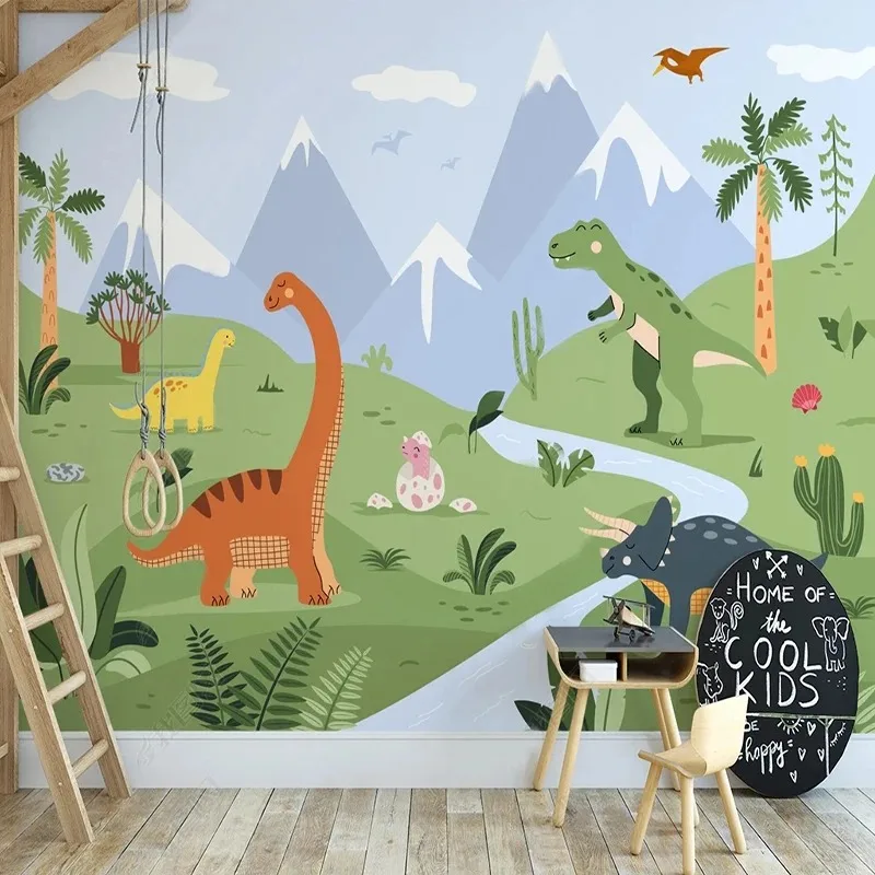 Custom Mural Wallpaper Nordic Hand-painted Valley Cartoon Little Dinosaur Green Forest Children's Room Background Wall Decor