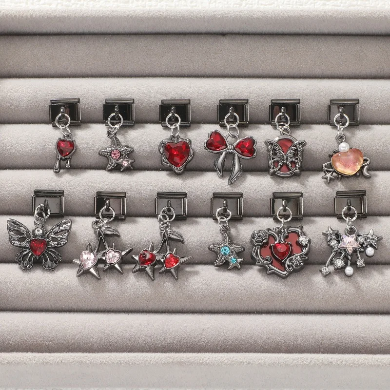 Y2K Punk Design Black Red Bow Star Butterfly Starfish Heart Pendant Italian Charms Fit 9MM Stainless Steel Bracelet DIY Making