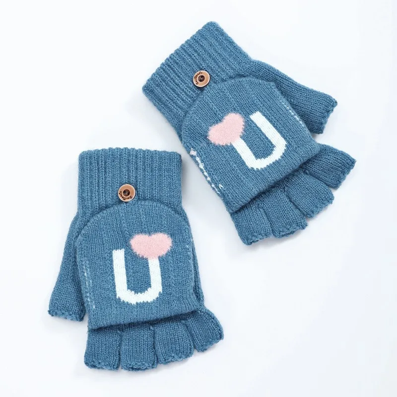 Love flip wool gloves women s autumn and winter new short sleeves bare fingers to keep warm cute fashion knitted arm cover