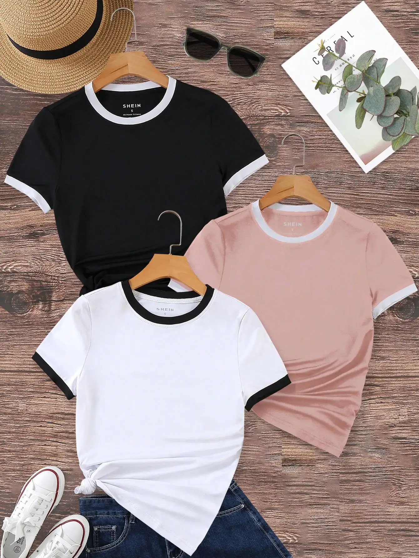 

Women's Casual Contrast Trim Round Neck T-Shirt, Short Sleeve Summer Top