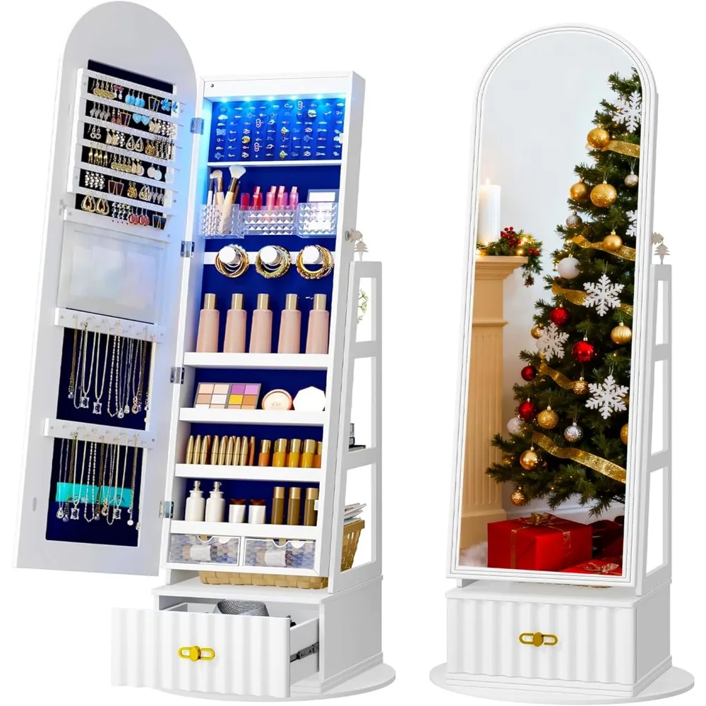 Full Length Mirror with Storage, 61 Mirror Jewelry Cabinet Standing, Rotating Jewelry Mirror Organizer Full Length