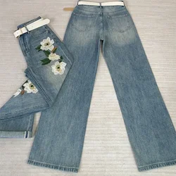 Embroidered straight jeans female summer thin loose high waist narrow version drape retro casual wide-leg pants female