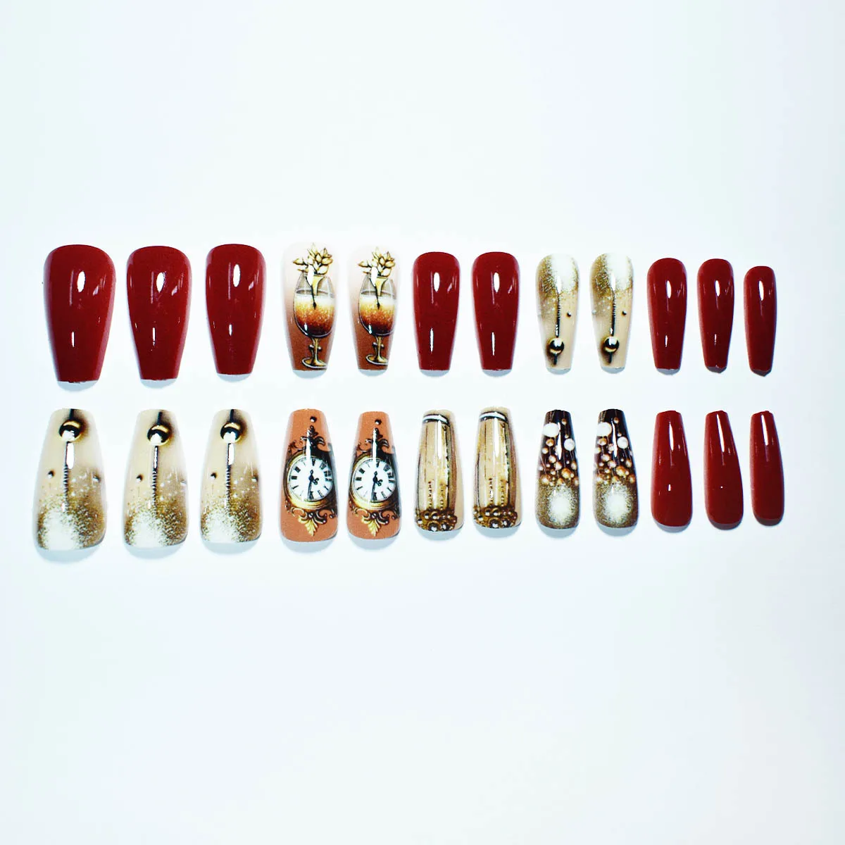 Ballerina Press on Nails Clock Design Fake Nails Medium Coffin with Glitter Wine Glass False Nails Wearable Finished Coffin Nail