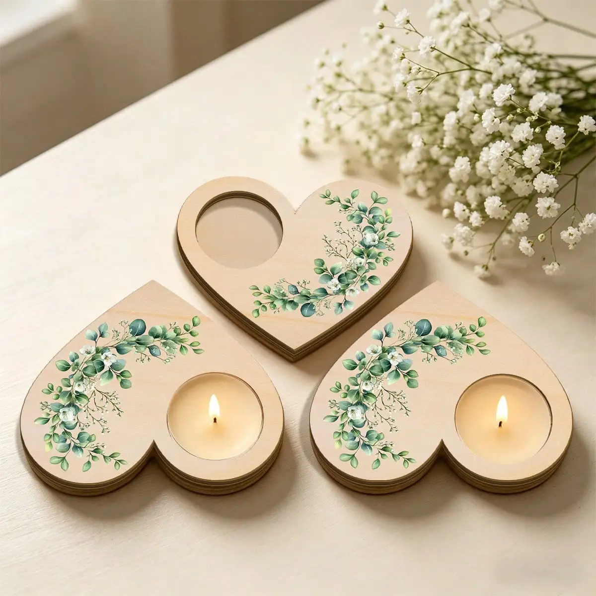Heart-Shaped Wooden Tealight Candle Holder, Tealight Tray with Eucalyptus Flower and Butterfly Patterns, Romantic Pastoral Style Table Centerpiece Decoration, Candles Not Included