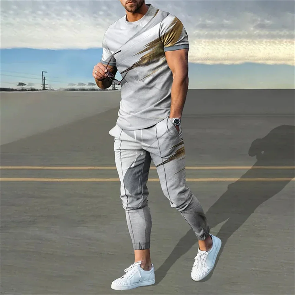 2024 Men\'s Trousers Tracksuit 2 Piece Set 3D Printed Summer Fashion Sporty Style Short Sleeve T Shirt+Long Pants Street Clothes