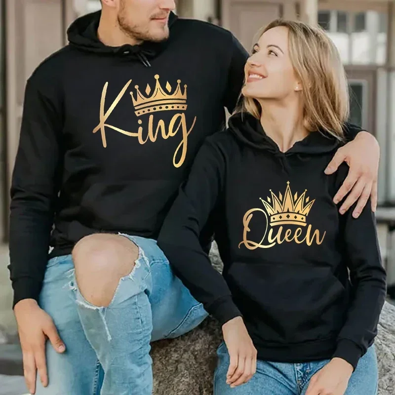 Spring Autumn Couple Sweatshirt Pattern KING and QUEEN Gold Crown Print Hoodie Fashion Couple Matching Tops Streetwear