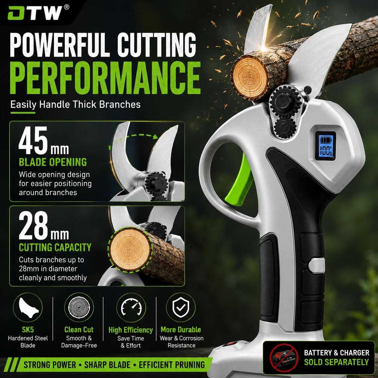 Cordless Electric Pruning Shears, 18V Lithium-Ion Battery Powered Garden Pruner with SK5 Steel Blade, Large Cutting Opening, Rec