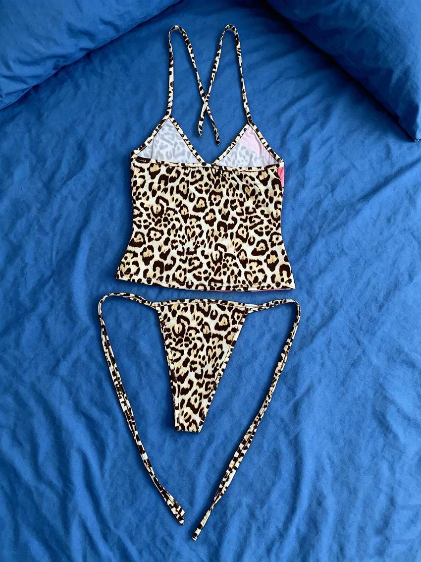 Y2K Punk High-end Sexy Classic Leopard Print Suspender Bikini Sets Fashionable High Waist Floral Detail Design Lace Up Underwear