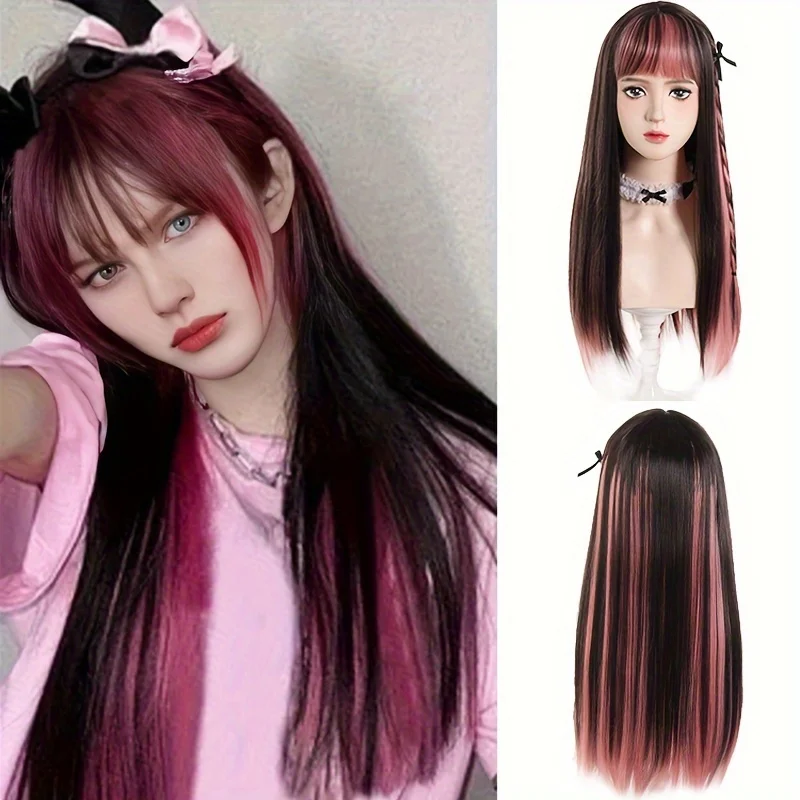 Long Straight Ombre Black Pink Synthetic Wig with Bangs 55cm Lolita Cosplay Wig Heat Resistant Synthetic Hair Full Wig For Women