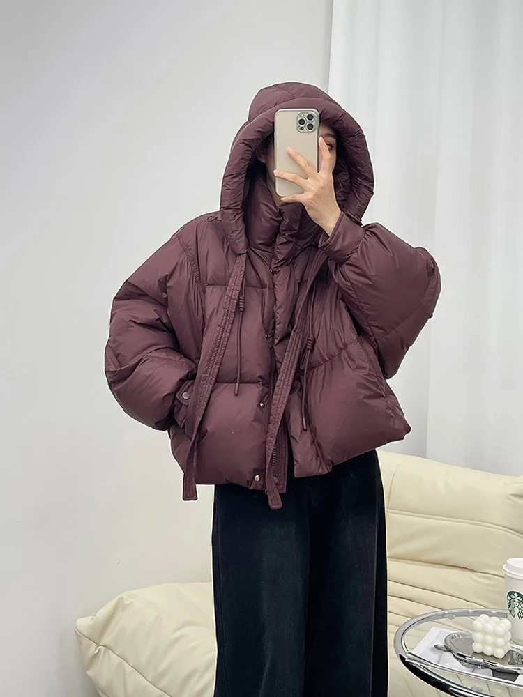 Korean style Lace up short down jacket for women 2023 Fall winter Oversized Hooded puffer coat Fluffy Solid Clothing INKEO 3O179