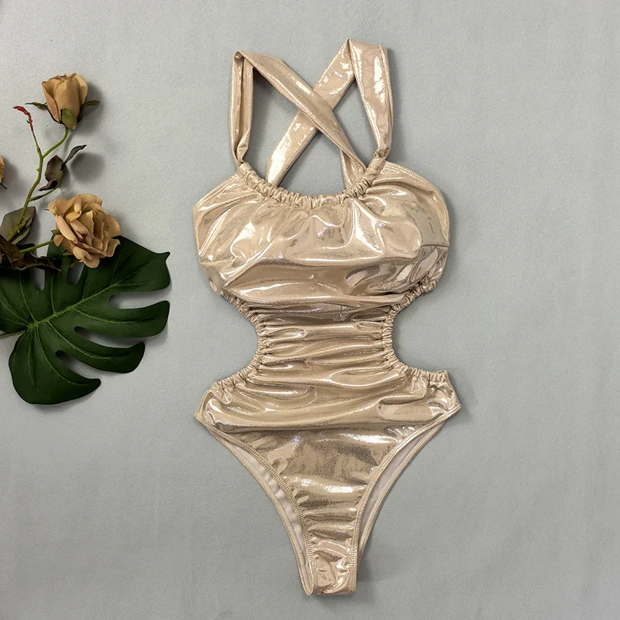 Sexy metallischer Champagner-Badeanzug, einteilig, faltiger Rücken, Krawatte, Bikinis, Bademode, Badeanzüge, Strand-Outfits, Bodysuit, Biquini, Tankini