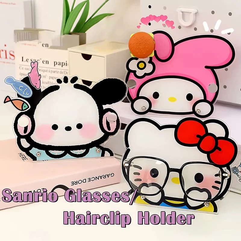 Kawaii Sanrios HelloKittys Anime Glasses Stand Cartoon Pochacco Acrylic Desktop Decoration Melody Hairpin Storage Display Rack