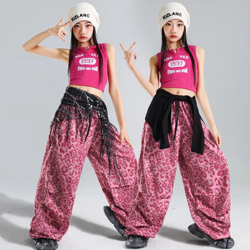 Mädchen K-pop Crop Top Hip Hop Rosa Leopard Cargo Hosen Kleidung Kinder Street Dance Mädchen Gruppe Bühne Kostüme kinder Streetwear