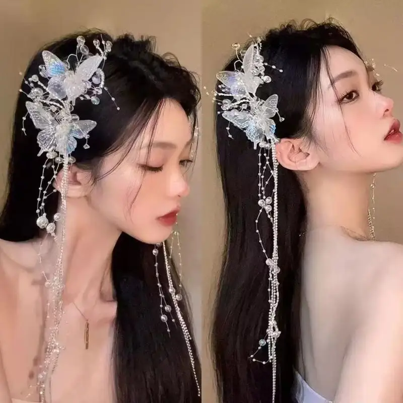 

Long Butterfly Beaded Tassel Hair Clip For Women Fairy Temperament Sweet Princess Hairpin Fashion Bride Hair Accessories