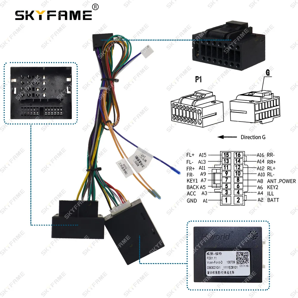 SKYFAME 16Pin Car Wiring Harness Adapter Canbus Box Decoder Android Radio Power Cable For Ford Mondeo S-MAX Focus FD01.11