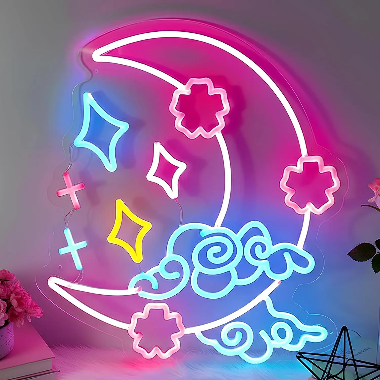 Crescent Moon Star Cloud Flower LED Neon Sign USB Neon Light for Girl Bedroom Dorm Wedding Party Cafe Room Decor Birthday Gift